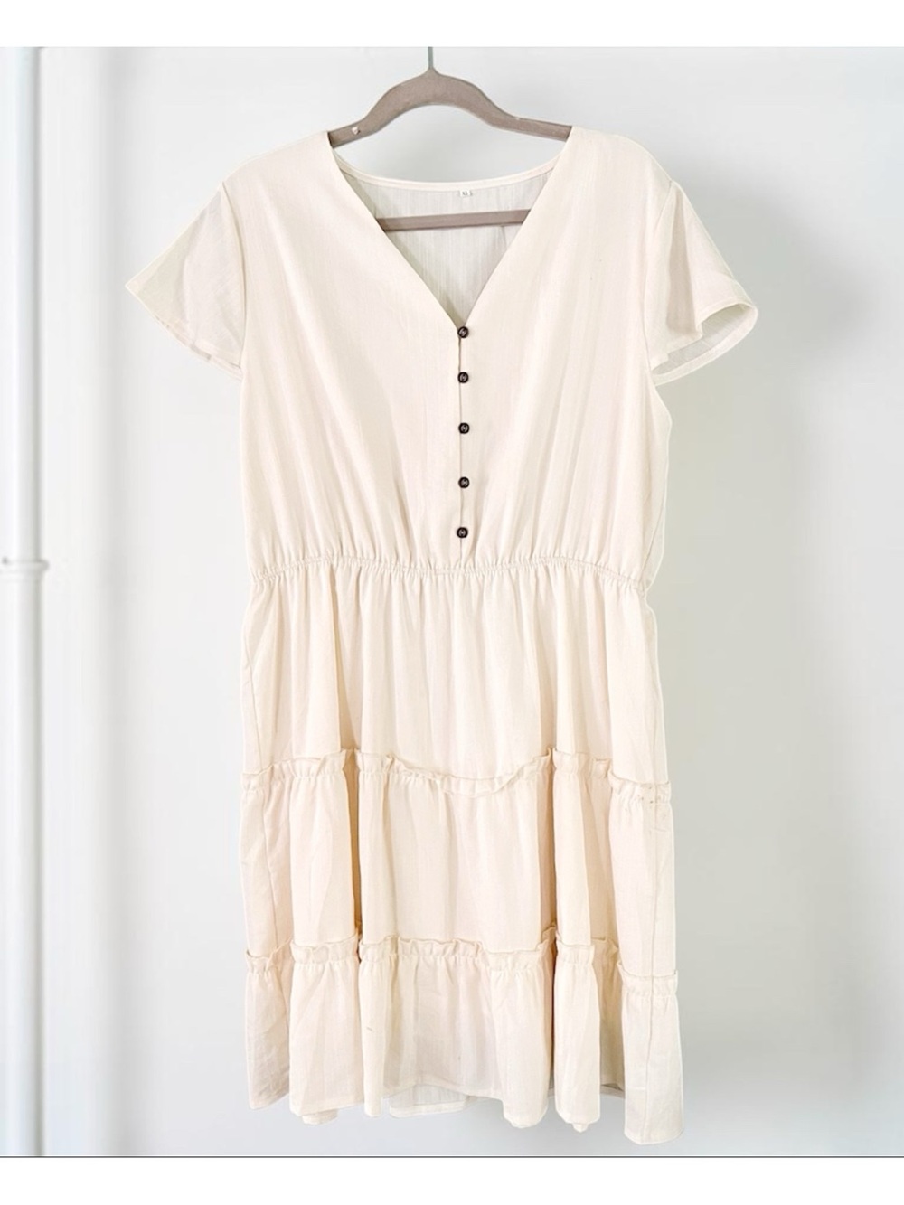 Cream Tiered Ruffled V-Neck Button Front Mini Dress
